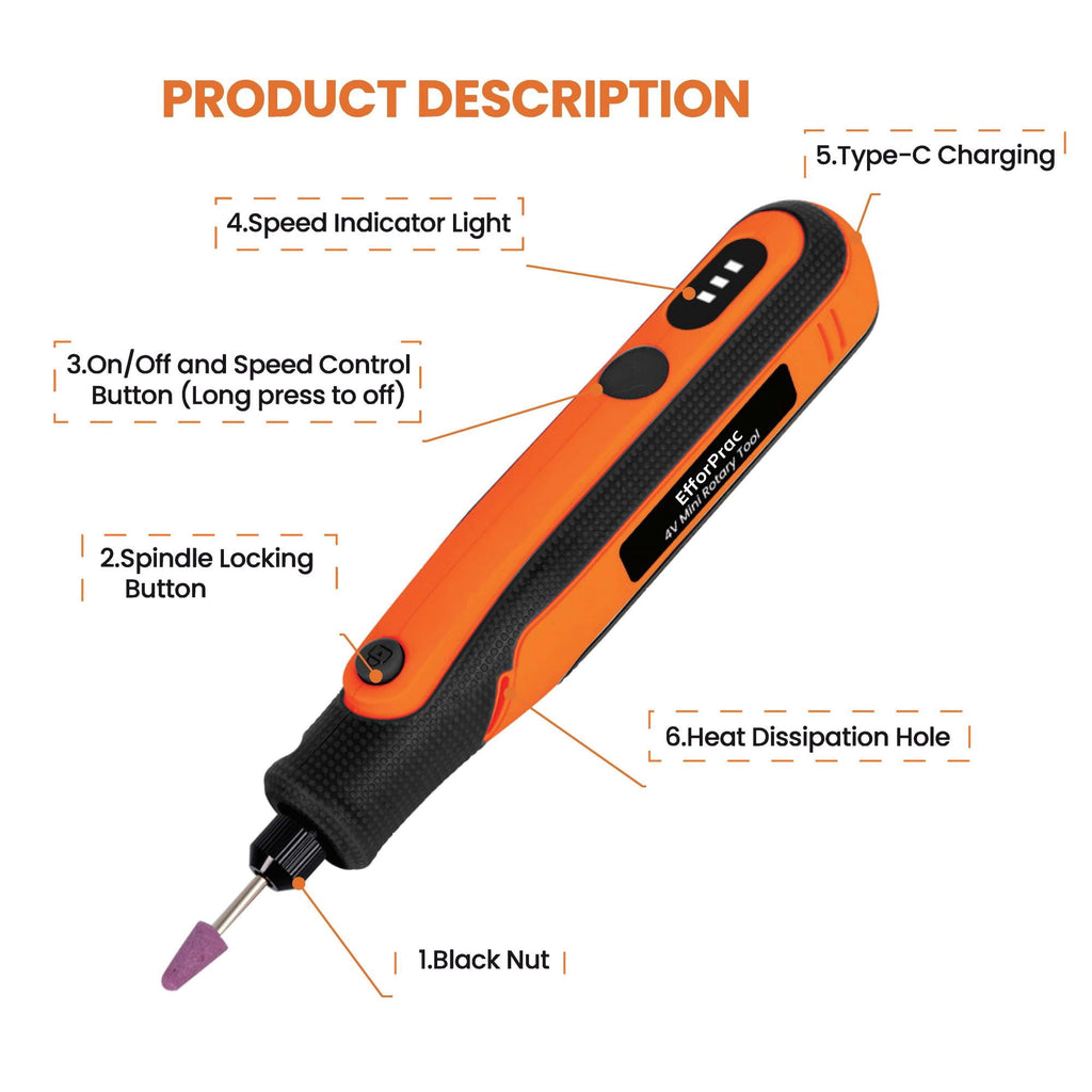 EfforPrac 4V Mini Cordless Rotary Tool Kit with 32 Accessories for Nails Grinding Polishing Woodworking, DIY Crafts Engraving (Orange)