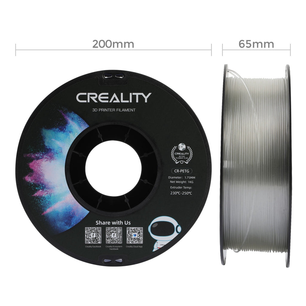 Creality 3D Printer Filament PETG Filament 1.75mm 2.2lbs Odorless Non-Toxic High Precision Strong Toughness Overhang Performance Accuracy +/-0.02mm, Transparent