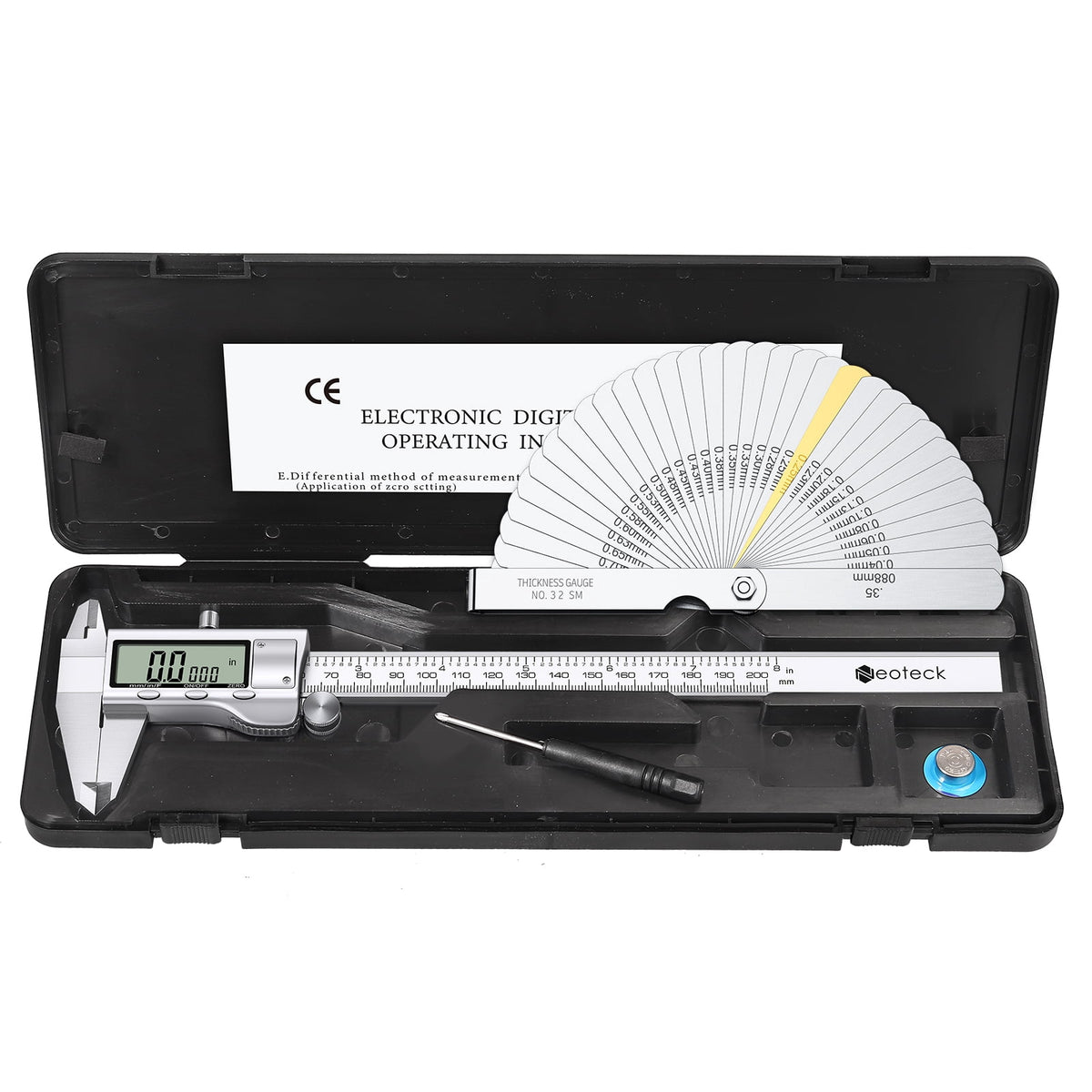 Neoteck 8" Electronic Digital Vernier Caliper LCD Stainless Steel + Feeler Gauge LCD Display