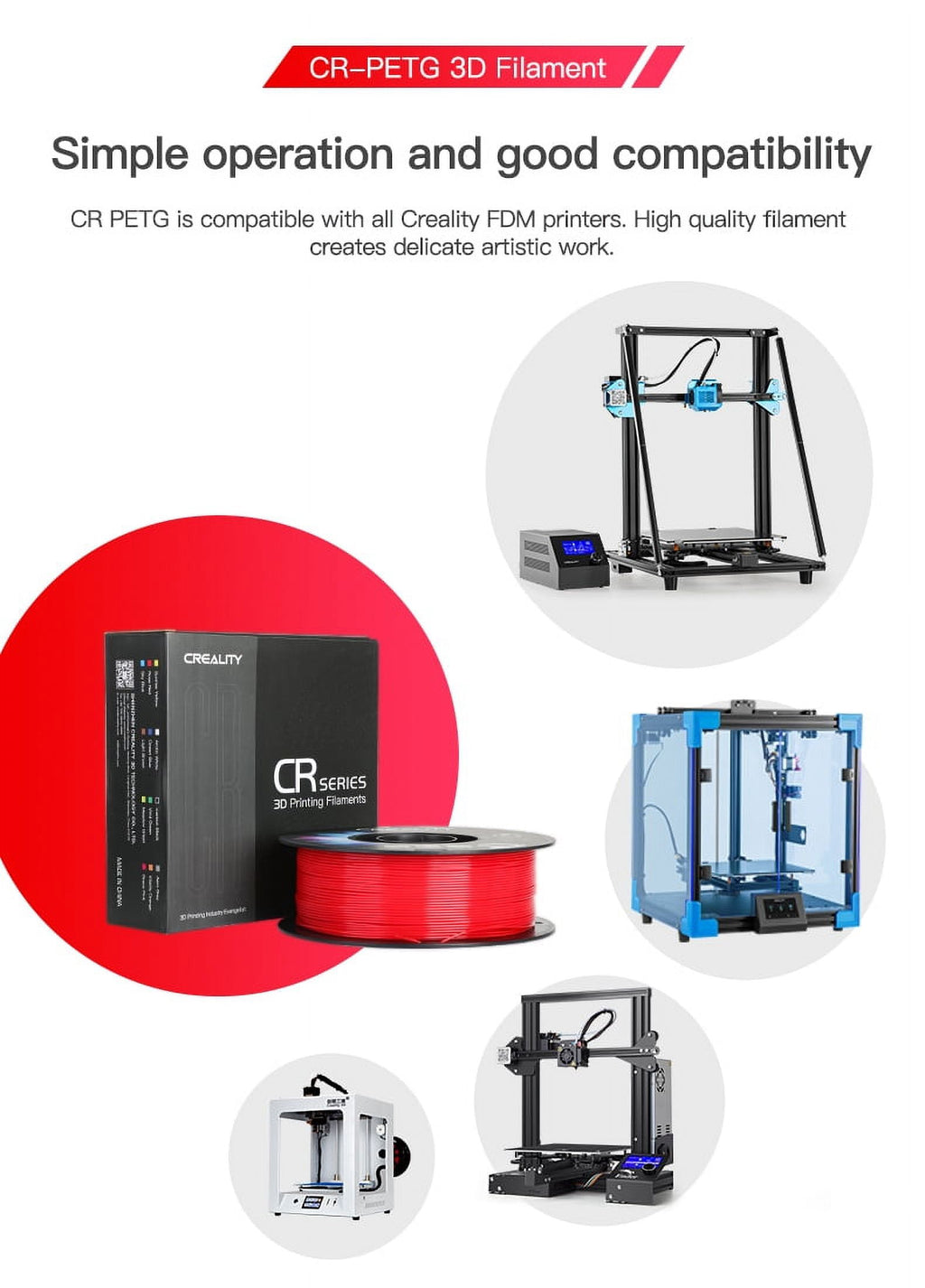 Creality 3D Printer Filament PETG Filament 1.75mm 2.2lbs Odorless Non-Toxic High Precision Strong Toughness Overhang Performance Accuracy +/-0.02mm, Transparent