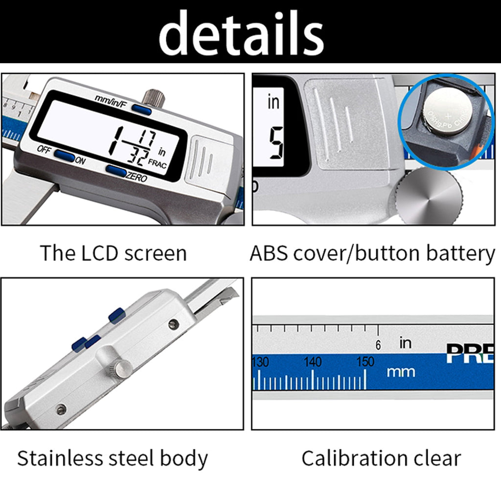 Electronic Digital Caliper Stainless Steel Slide Caliper Measuring Tool Electronic Micrometer Caliper With Large LCD Screen 3 Measurement Units Switchable