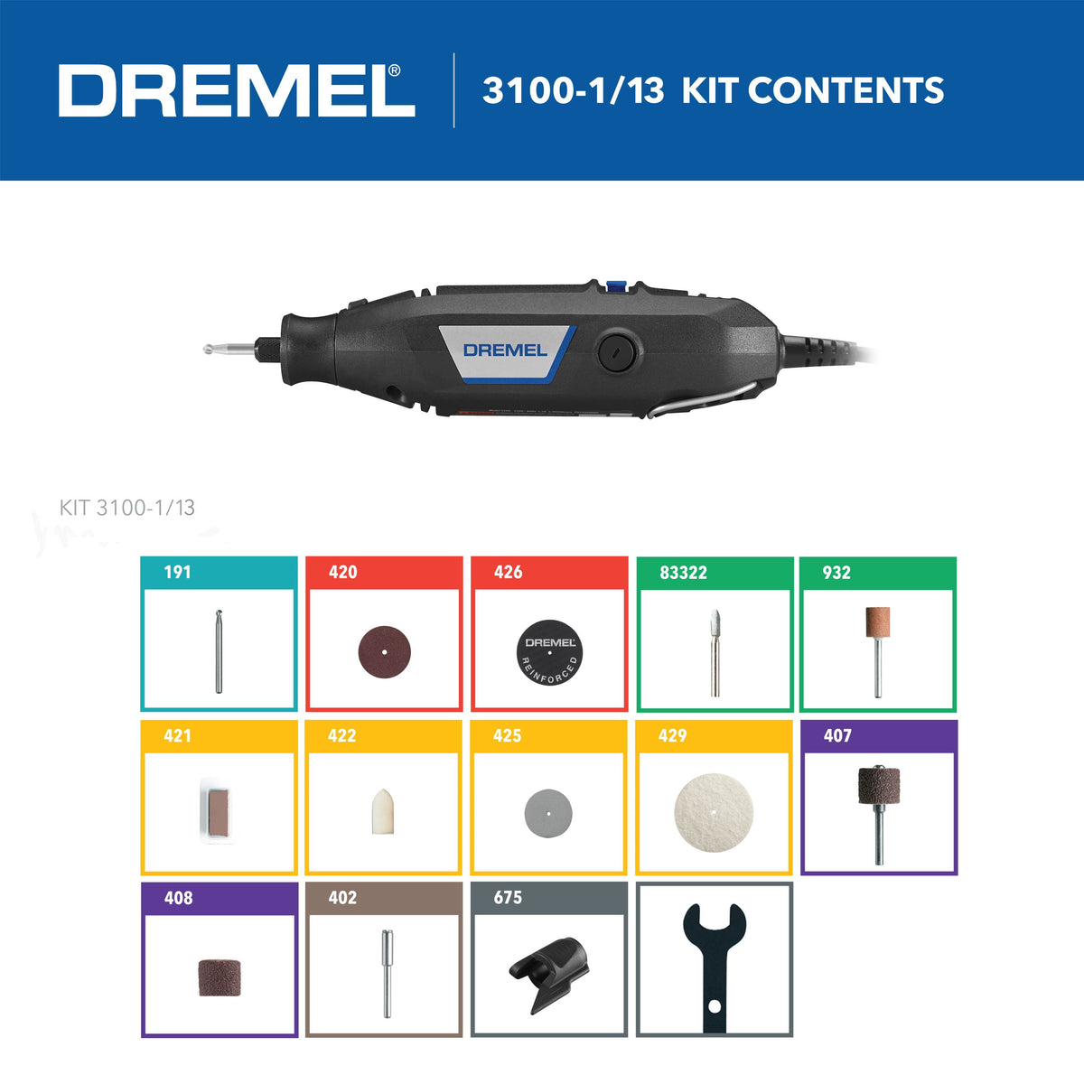Dremel 3100-1/13 Corded Variable Speed Rotary Tool Includes 1 Attachment, & 13 Accessories, 1.2 Amps and 120 Volts