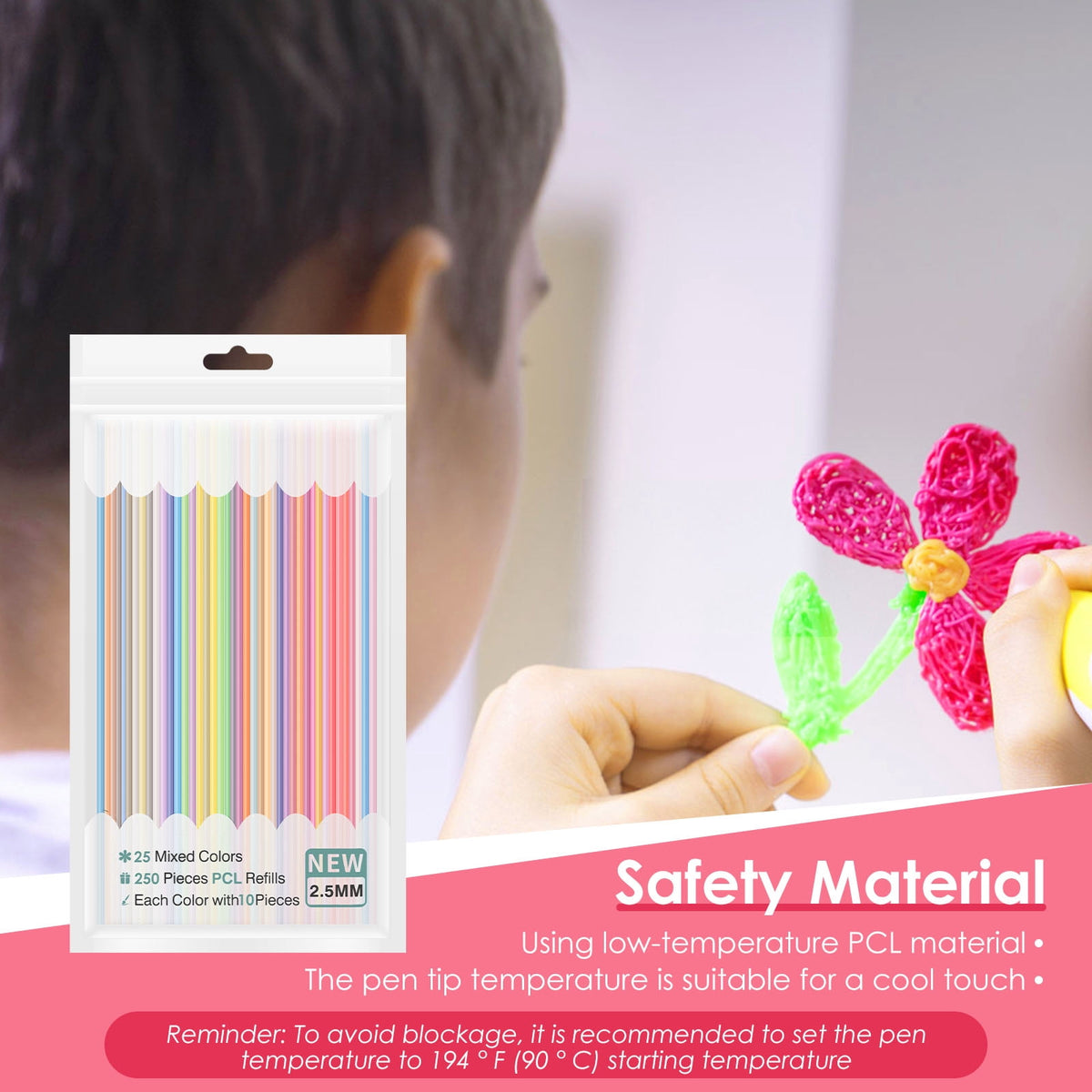 Tmwefusc 300 Pcs 2.5mm 3D Pen PCL Refill Assorted Color Resealable 3D Printer Filament Refill for Kid