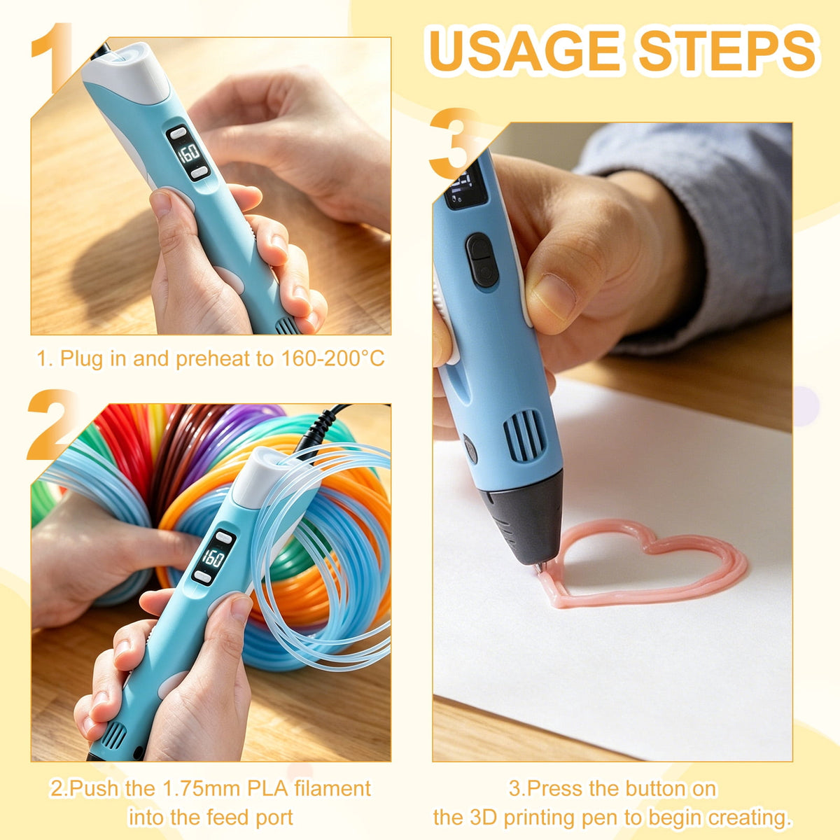 Uxcell 3D Pen Filament 3Pcs 1.75mm Total Length 196.8 Feet Transparent Orange PLA, 3D Pen Filament Refills Low Warping, for Creating Pictures Printed Model Printing Pen