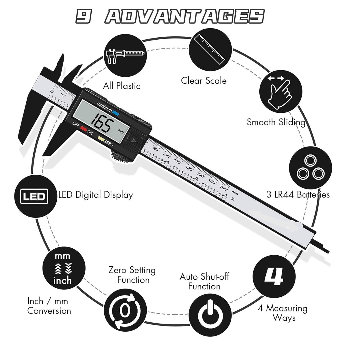 Digital Calipers 0-6 inch/150mm Electronic Vernier Caliper with LCD Screen, Inch/Metric Conversion, Auto Off - Plastic Insulated Jaws for Safe DIY, Jewelry, Craft & Home Measurement