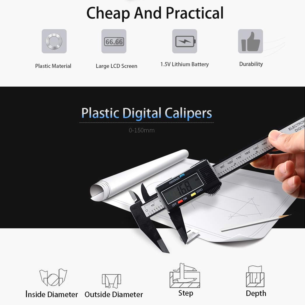Digital Calipers 0-6 inch/150mm Electronic Vernier Caliper with LCD Screen, Inch/Metric Conversion, Auto Off - Plastic Insulated Jaws for Safe DIY, Jewelry, Craft & Home Measurement