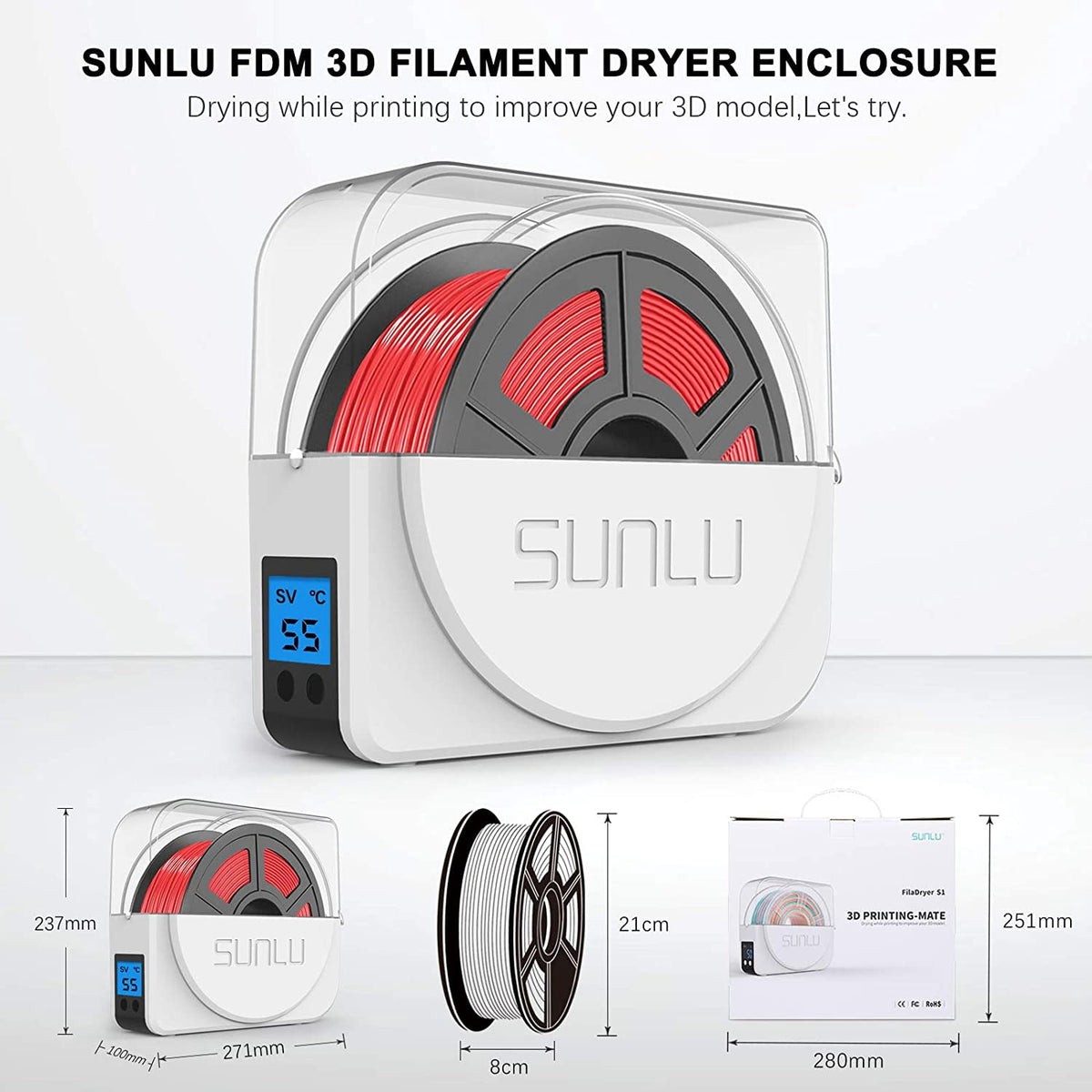 Sunlu 1.75mm 2mm 3mm 3D Printer Filaments, S1 Plus White