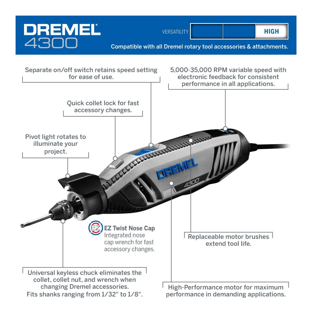 Dremel 4300-9/64 Platinum Edition Corded Rotary Tool, Variable Speed with 9 Dremel Tool Attachments, 64 Accessories, Storage Organizers & Dremel Tool Case, 1.8A/120V