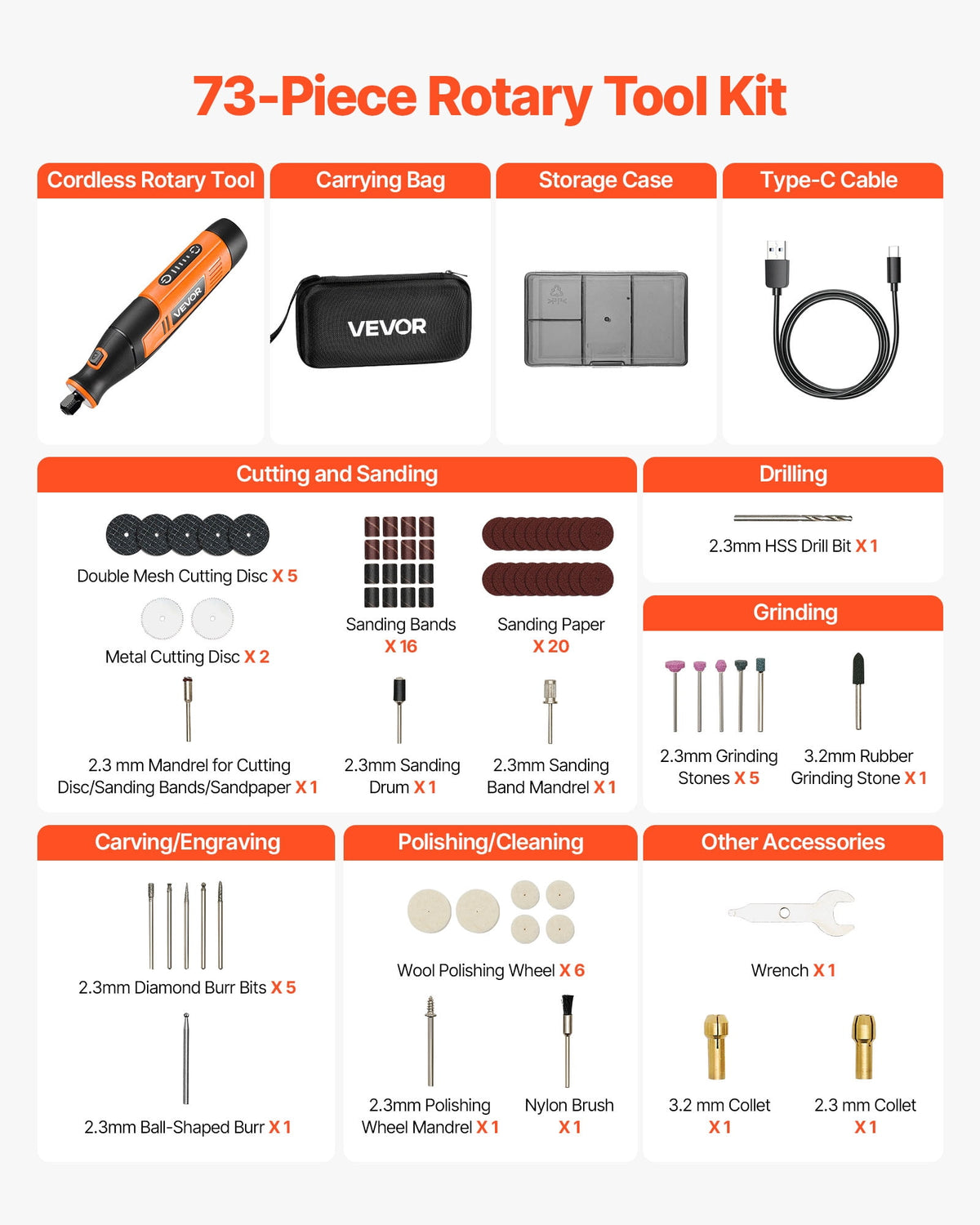 VEVOR 73-Piece Cordless Rotary Tool Kit, DC4V Portable Mini Power Rotary Tool, 5-Level Speed 7000-20000 RPM Multi-Purpose DIY Tools for Engraving, Sanding, Polishing, Carving, Cutting, DIY Crafts