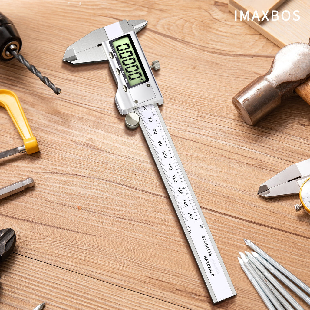IMAXBOS 6-Inch Digital Caliper, Professional Metal Vernier Caliper with LCD Display, Inch/MM Conversion, Zinc-Plated Rust-Resistant, Auto Shut-Off & Zero Function, Includes Extra Battery
