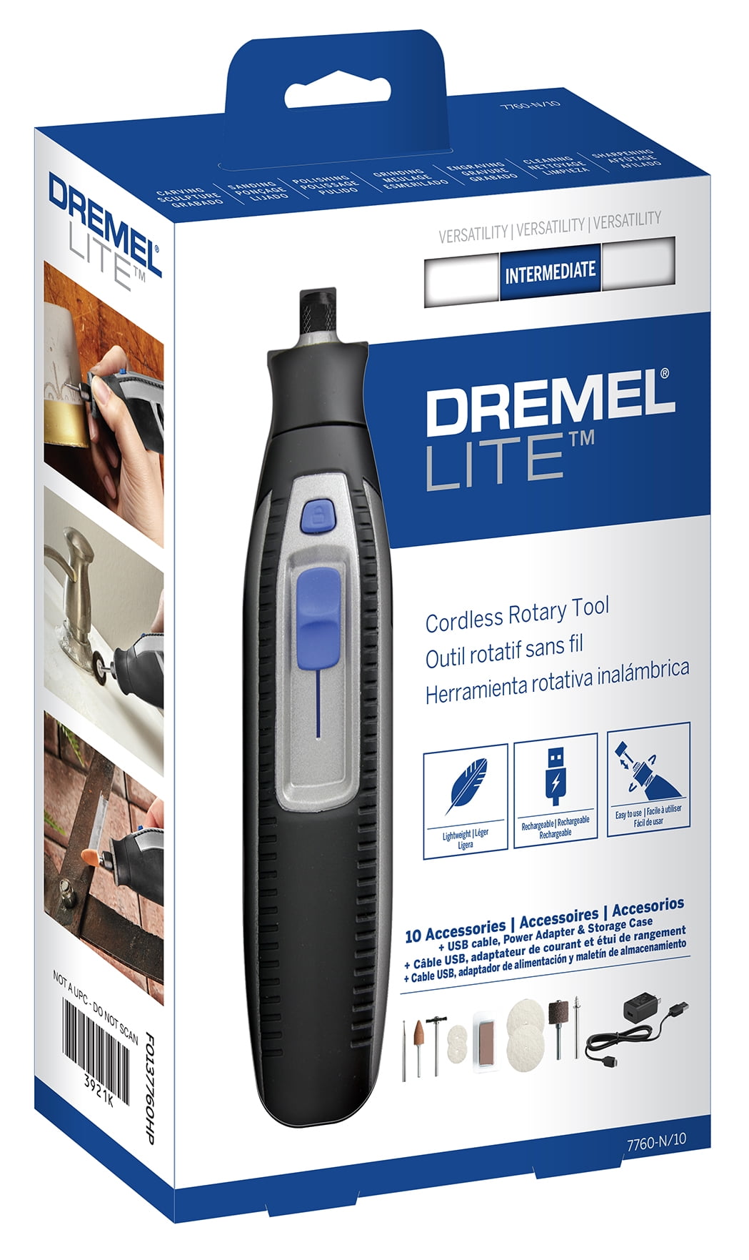 Dremel Lite 7760-N/10W 4V-Cordless Variable Speed Rotary Tool with Integrated 2Ah Li-Ion Battery, & 10 Rotary Tool Accessories