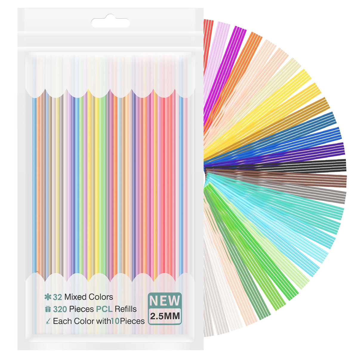 Tmwefusc 300 Pcs 2.5mm 3D Pen PCL Refill Assorted Color Resealable 3D Printer Filament Refill for Kid