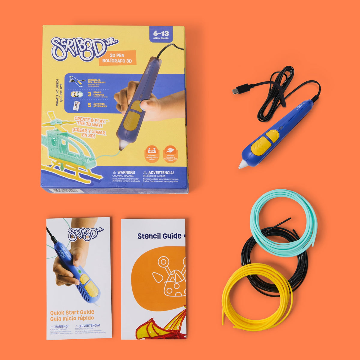 SCRIB3D Junior 3D Printing Pen for Kids Ages 6+, No Hot Parts, Includes 30 ft Filament and Activity Guide