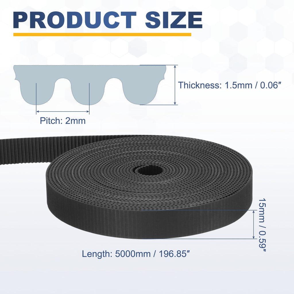 Uxcell Rubber 2GT Timing Belt 15x5000mm 2mm Pitch 1.5mm Thick Black Open Loop Pulley Timing Belt for 3D Printer