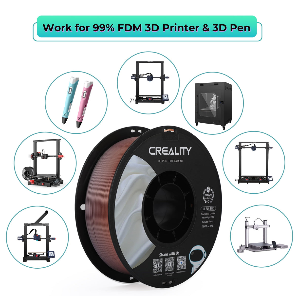 Creality 3D Printing Silk PLA Filament 3D Printer Gold Silver Shiny Filaments 1.75mm Neatly Wound Dimensional Accuracy +/- 0.03 mm Silk Smooth Printing 2.2lbs for Most 3D Printers