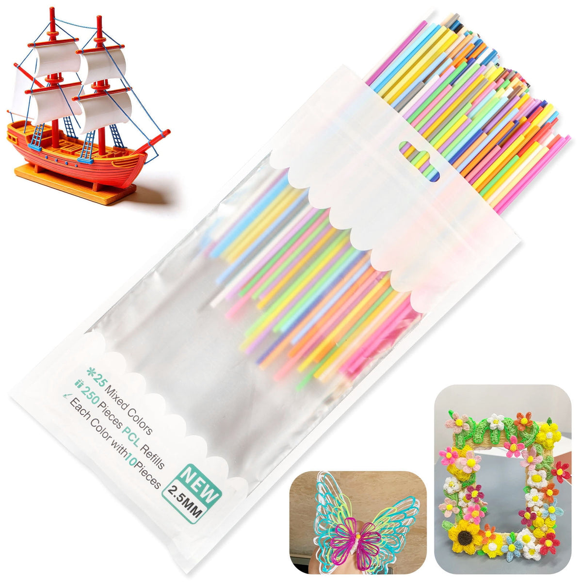 Tmwefusc 300 Pcs 2.5mm 3D Pen PCL Refill Assorted Color Resealable 3D Printer Filament Refill for Kid