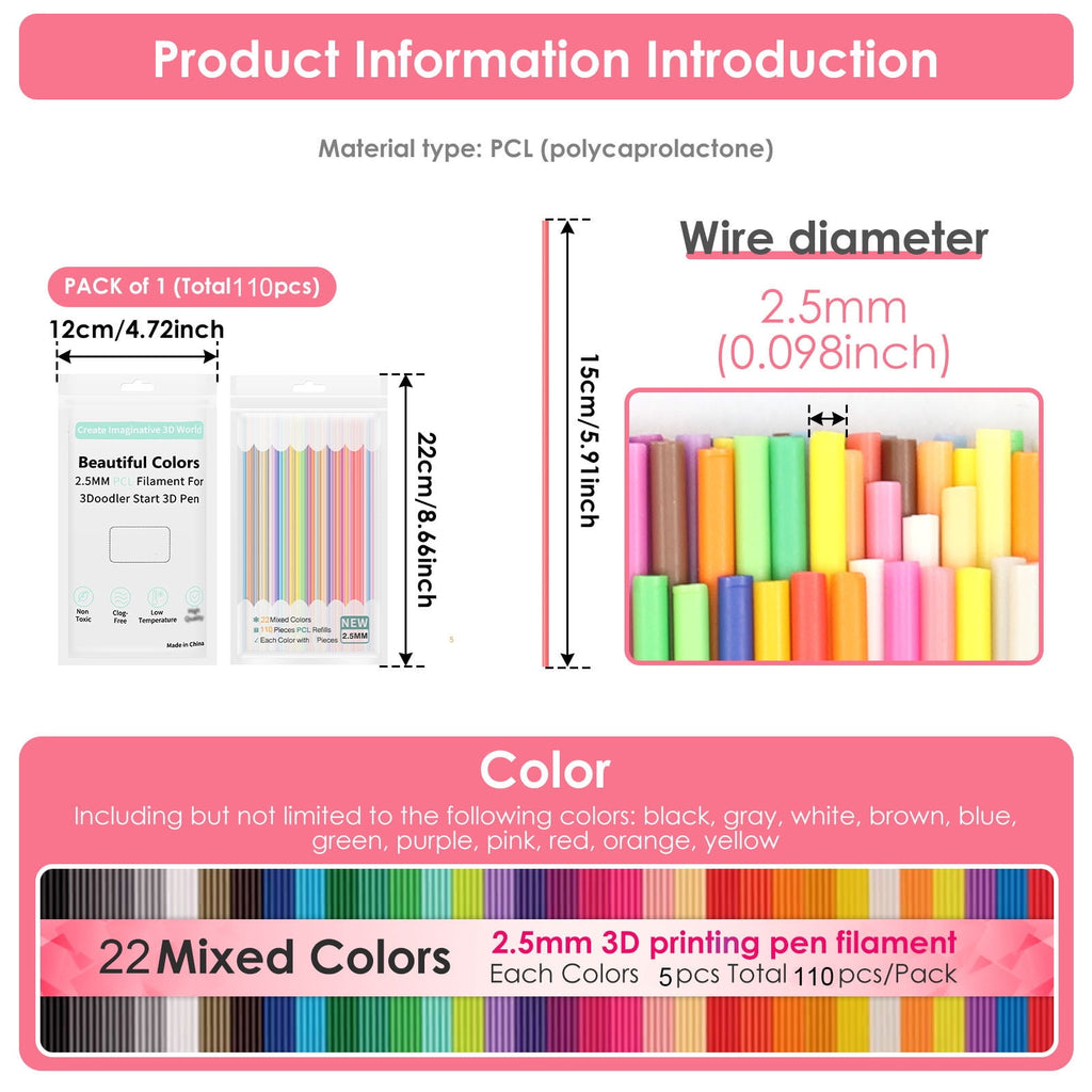 Tmwefusc 300 Pcs 2.5mm 3D Pen PCL Refill Assorted Color Resealable 3D Printer Filament Refill for Kid