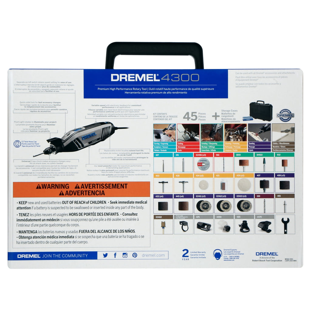 Dremel 4300-5/40 Corded Rotary Tool, Variable Speed with 5 Attachments, 40 Accessories & Dremel Soft Case, 1.8A/120Volts