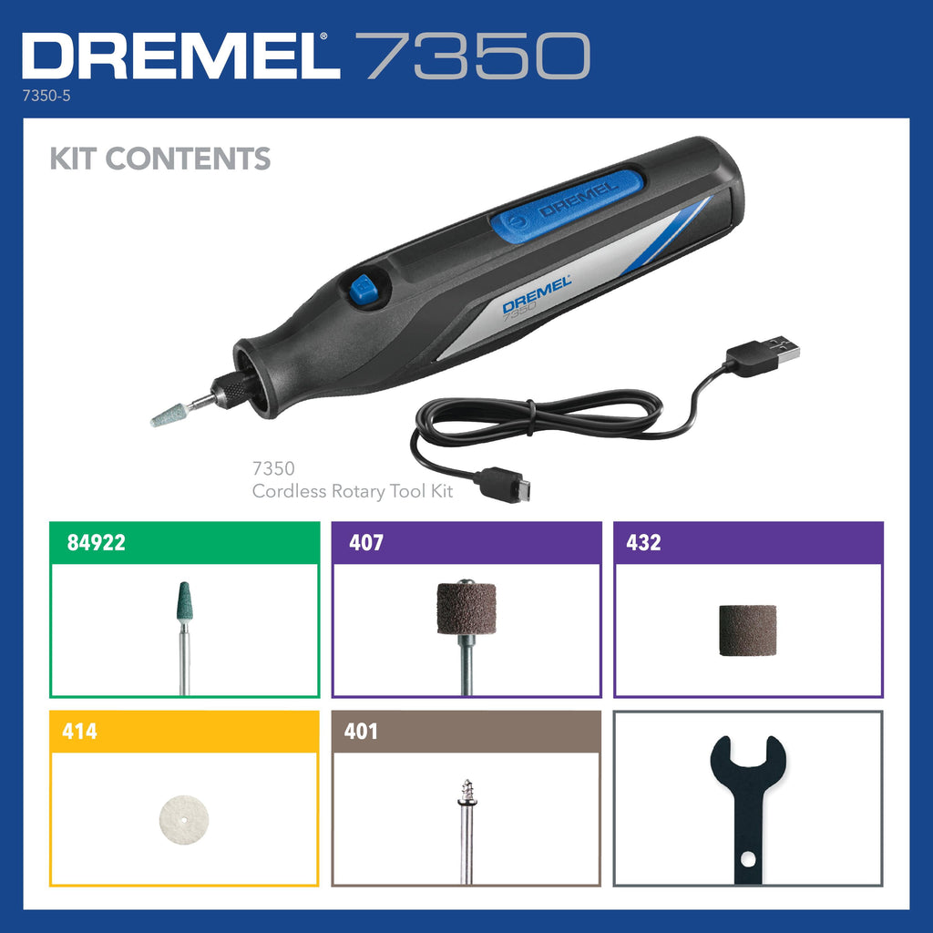Dremel 7350-5W 4V-Cordless Single Speed Rotary Tool with Integrated 2Ah Li-Ion Battery & 7 Accessories