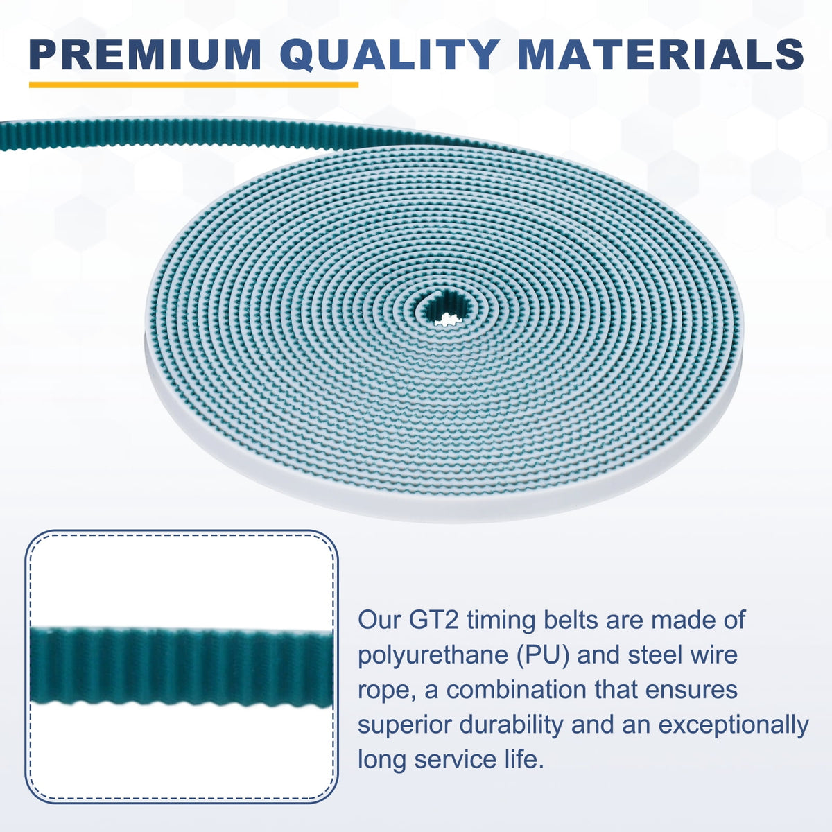 Uxcell PU Steel Cord 2GT Timing Belt Green Cloth Teeth 6x5000mm 2mm Pitch 2mm Thick White Open Loop Pulley Timing Belt for 3D Printer