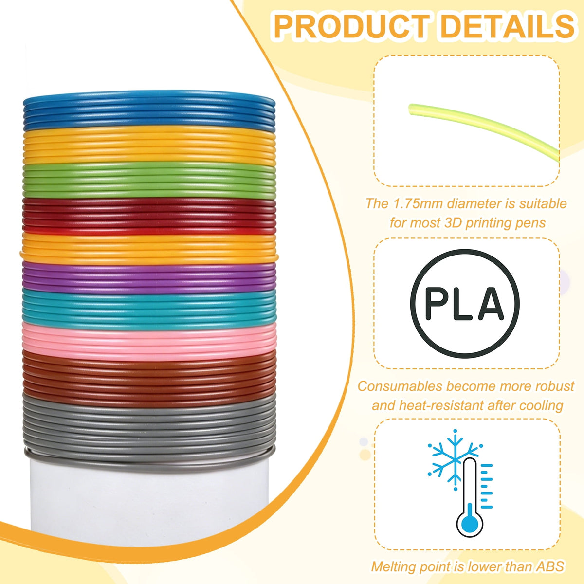 Uxcell 3D Pen Filament 6Pcs 1.75mm Total Length 196.8 Feet Transparent Lemon PLA, 3D Pen Filament Refills Low Warping, for Creating Pictures Printed Model Printing Pen