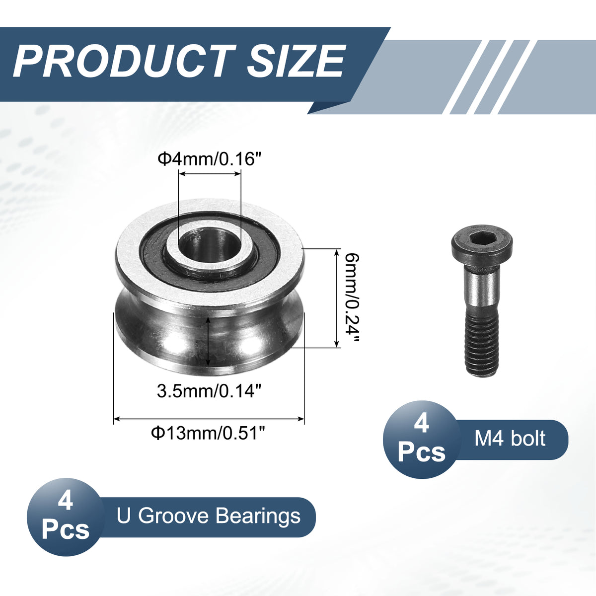 Uxcell 4 Pcs U Groove Bearings, 4x13x6mm Rail Ball Bearings Groove Guide Pulley Bearing Steel Replacement for Rail Track Linear Motion System Printing Project ABEC1