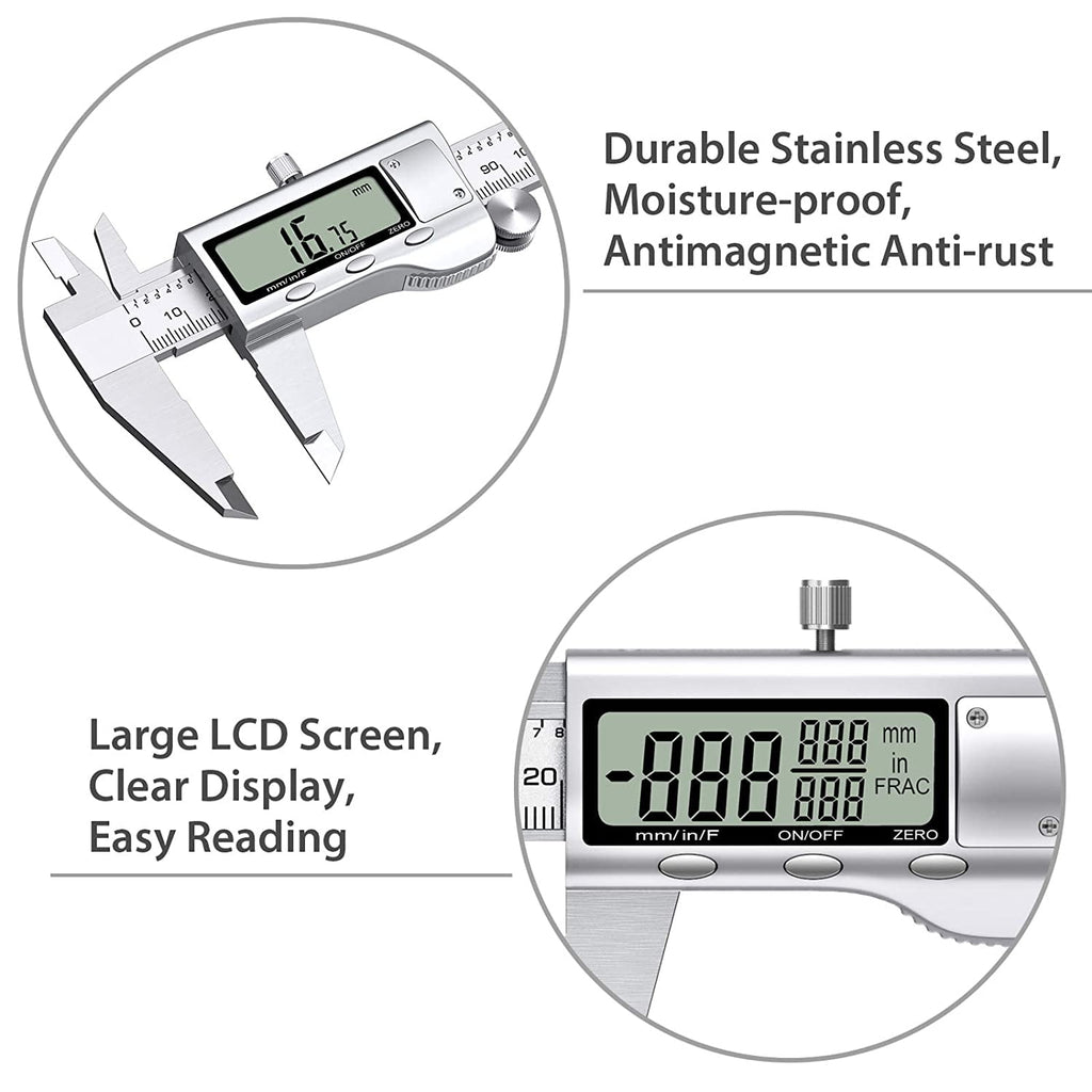 Proster 6" Digital Vernier Caliper with 32 Feeler Gauges- Inch/Metric/Fraction Conversion, Stainless Steel, LCD Screen - for Inner/Outer Diameter, Depth, Width Measurement (150mm)