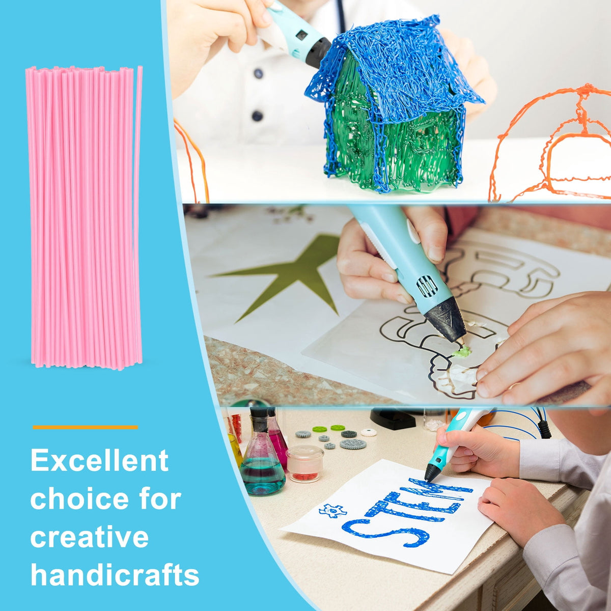 Uxcell 50 Pcs 3D Pen Refills, Low Print Temperature Filament 2.5mm x 15cm PCL Printer Filament Refill Packs, Only Support for 3D Pen, Pink