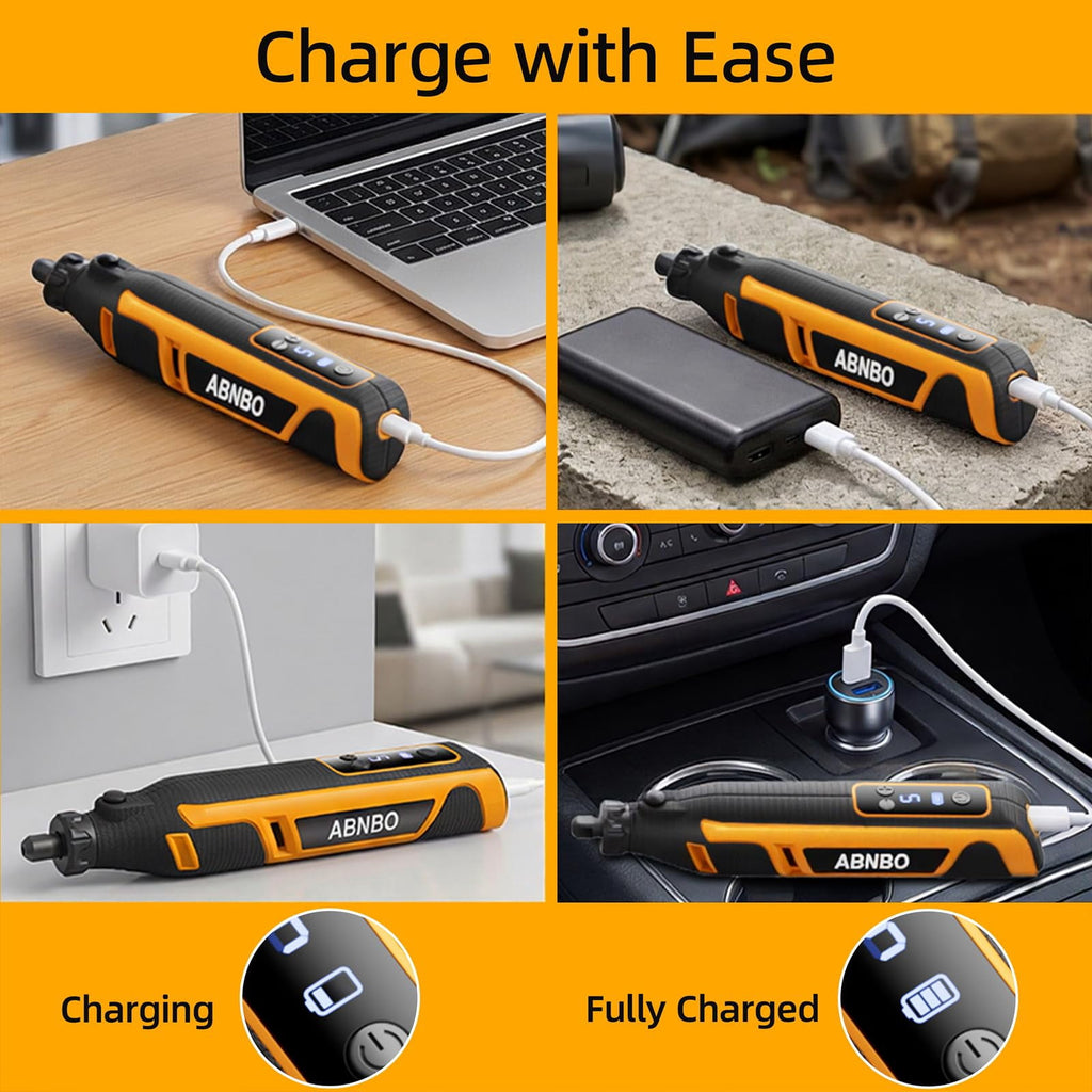 ABNBO Mini Cordless Rotary Tool,5-Speed 30000RPM,Power Rotary Tool Kit 4V Type-C Charging with Digital Display, 100 Accessories for Sanding,Polishing,Engraving,Carving, DIY Crafts (Yellow)
