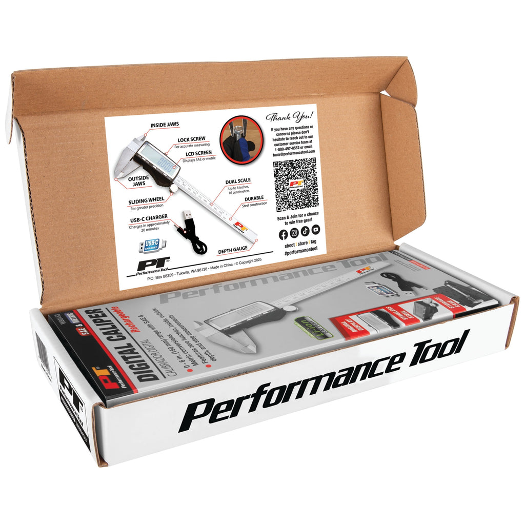 Performance Tool W80153 6 Inch Steel Digital Caliper with Large LCD Screen, USB C Charging, Stainless Body, Inch/Metric Conversion, Precision Measuring Tool for Home Garage Shop Professional Use