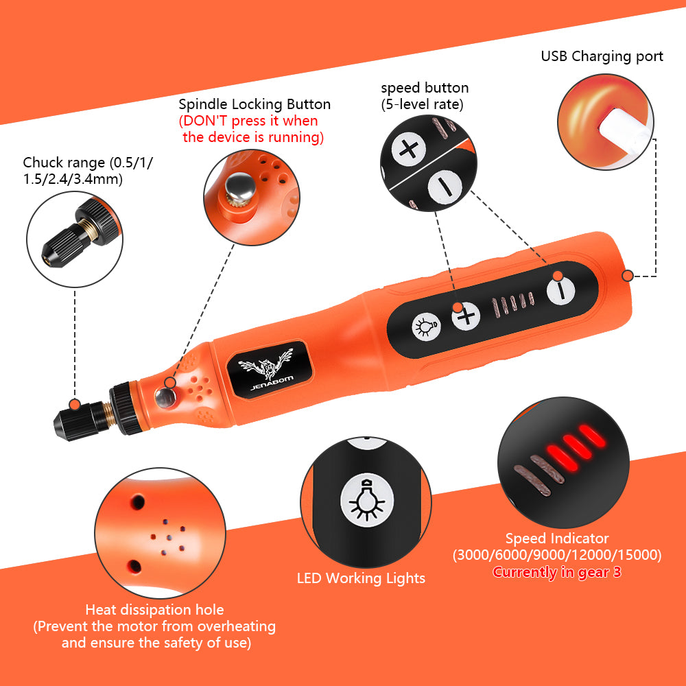 JENABOM Mini Cordless Rotary Tool, 3.7V Electric Rotating Tool, LED Light, 5-Speed 24PCS Accessory Electric Grinder DIY For Polishing, Carving, Orange