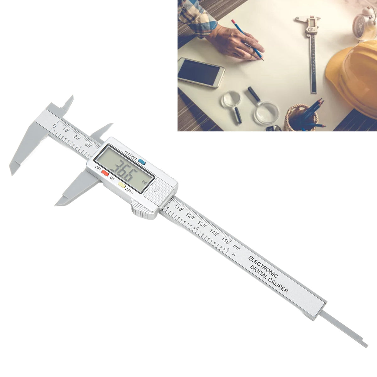 NFTIGB Digital Caliper Electronic LCD Screen Displays 6 inches / 150 mm Measuring Tool Inch Millimeter Conversion PA66 Silver