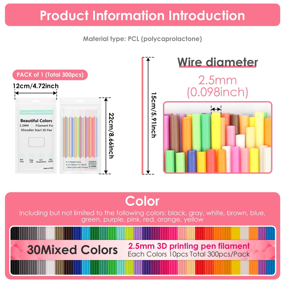Tmwefusc 300 Pcs 2.5mm 3D Pen PCL Refill Assorted Color Resealable 3D Printer Filament Refill for Kid
