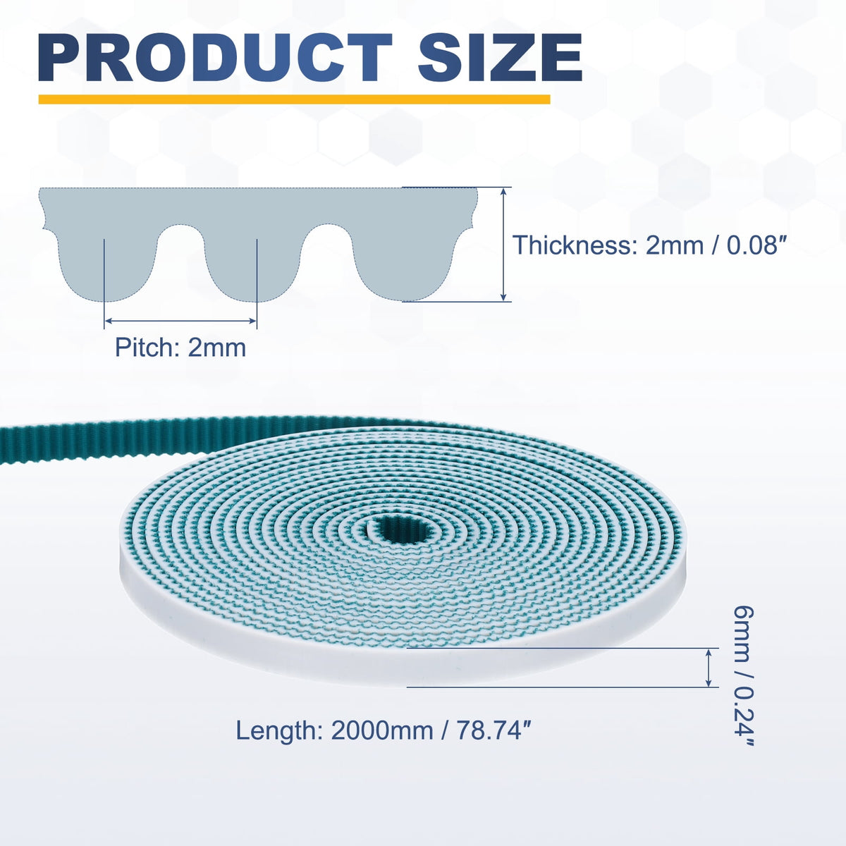 Uxcell PU Steel Cord 2GT Timing Belt Green Cloth Teeth 6x2000mm 2mm Pitch 2mm Thick White Open Loop Pulley Timing Belt for 3D Printer