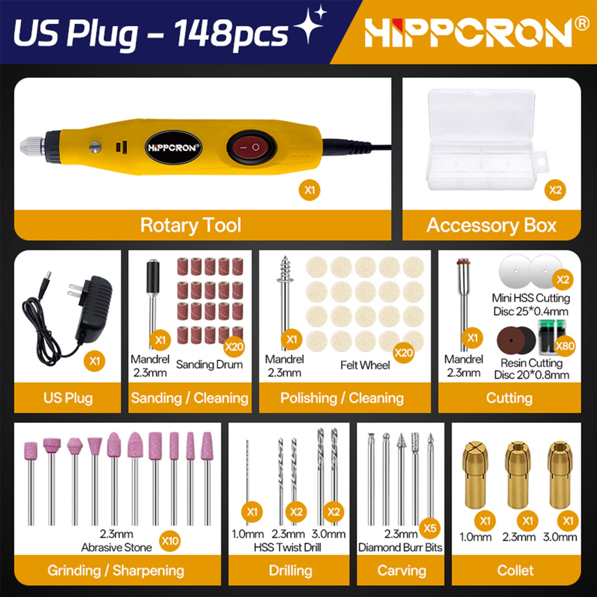 HIPPCRON 12V Corded Electric Mini Rotary Tool Kit, 18000RPM, 48 Accessories & 3 Collets, for Sanding, Polishing, Drilling, Engraving & DIY Craft
