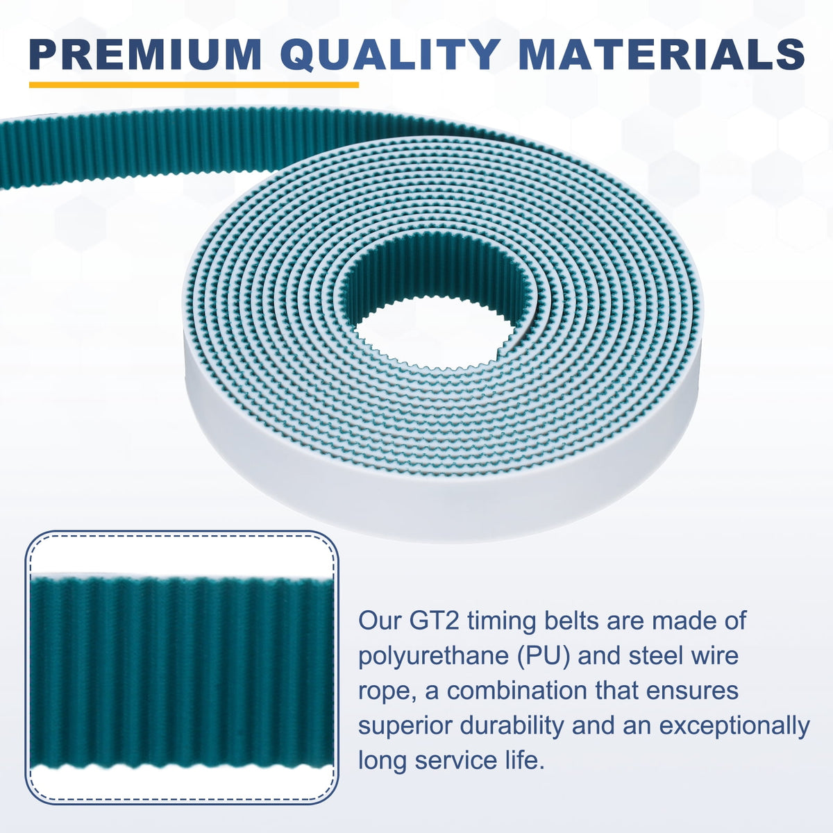 Uxcell PU Steel Cord 2GT Timing Belt Green Cloth Teeth 15x2000mm 2mm Pitch 2mm Thick White Open Loop Pulley Timing Belt for 3D Printer