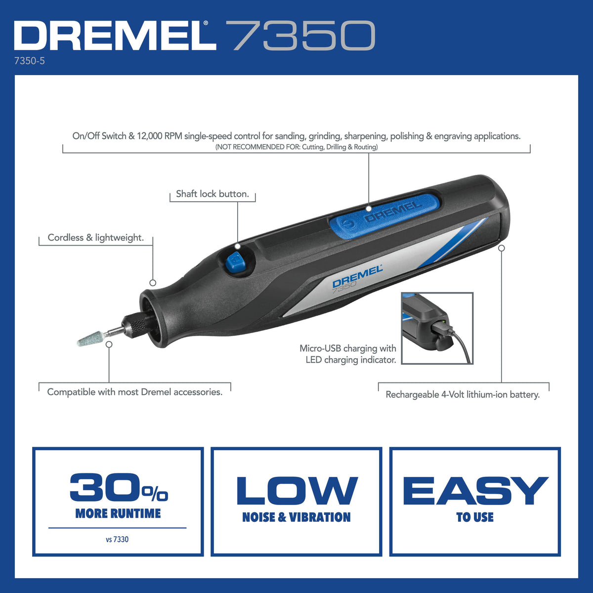 Dremel 7350-5W 4V-Cordless Single Speed Rotary Tool with Integrated 2Ah Li-Ion Battery & 7 Accessories