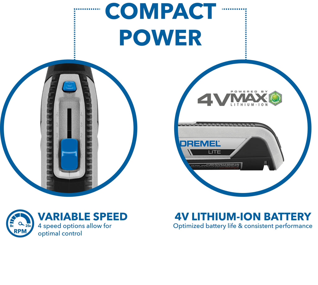 Dremel Lite 7760-N/10W 4V-Cordless Variable Speed Rotary Tool with Integrated 2Ah Li-Ion Battery, & 10 Rotary Tool Accessories