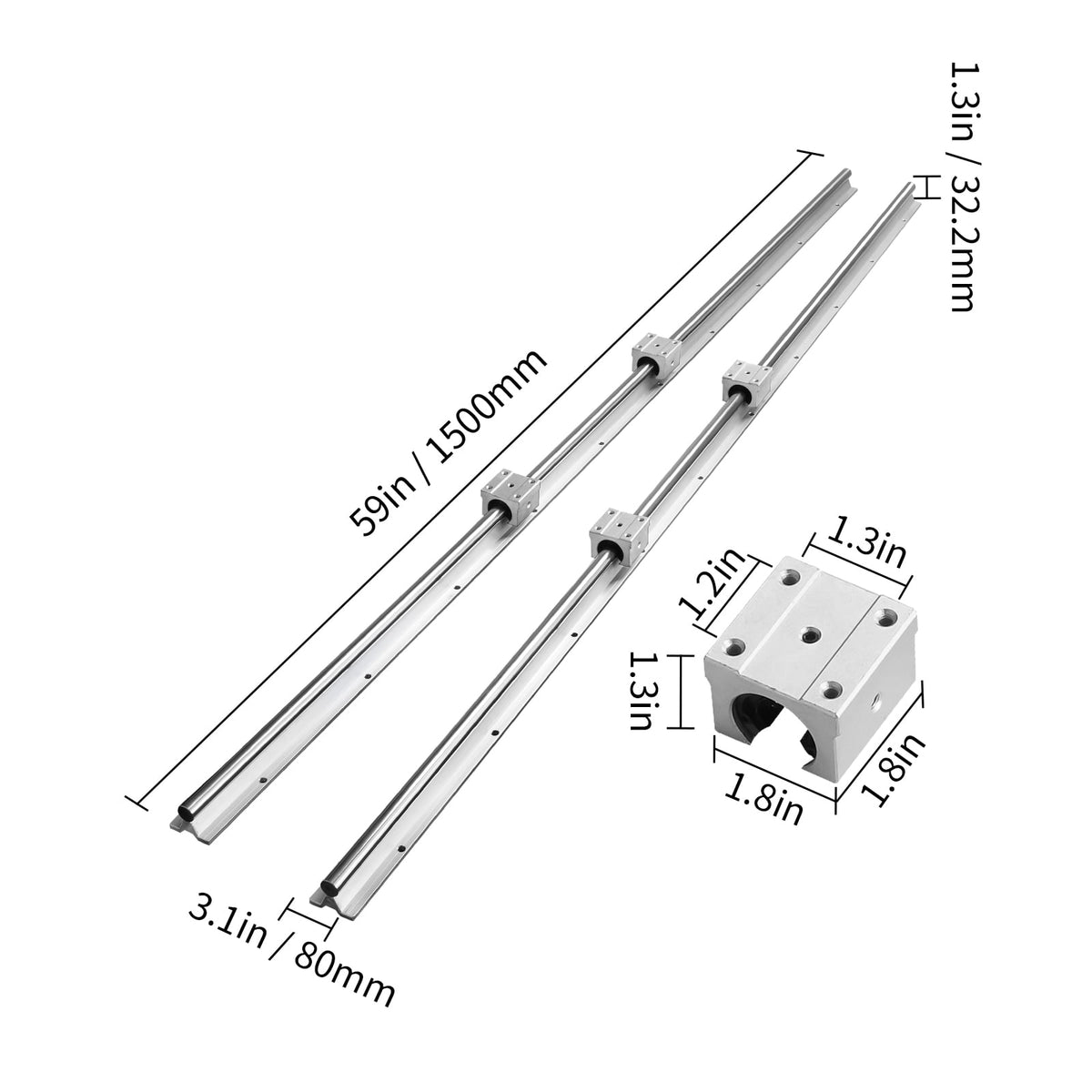 KFFKFF Motion Rail Kit, SBR16 1500mm, Comes with Two 59 in/1500 mm SBR16 Tracks & Four SBR16UU Bearings, Perfect for CNC, Automation Tasks, & Personal Projects