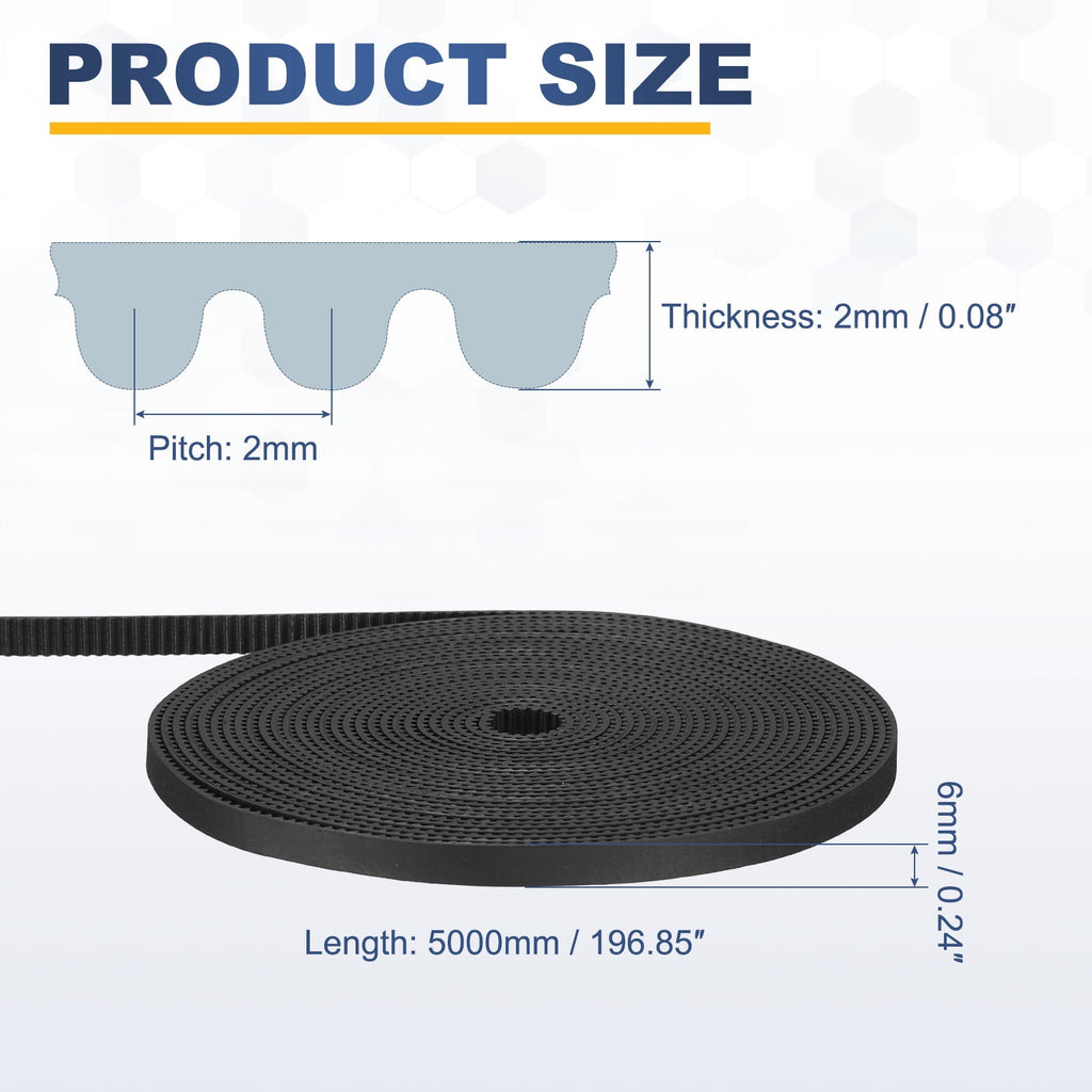 Uxcell Rubber 2GT Timing Belt 6x5000mm 2mm Pitch 2mm Thick Black Open Loop Pulley Timing Belt for 3D Printer
