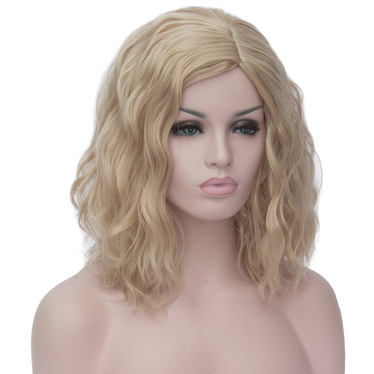 RightOn Blonde Wig for Women Short Curly Wavy Bob Wig Light Blonde Wig Synthetic Wigs with Wig Cap