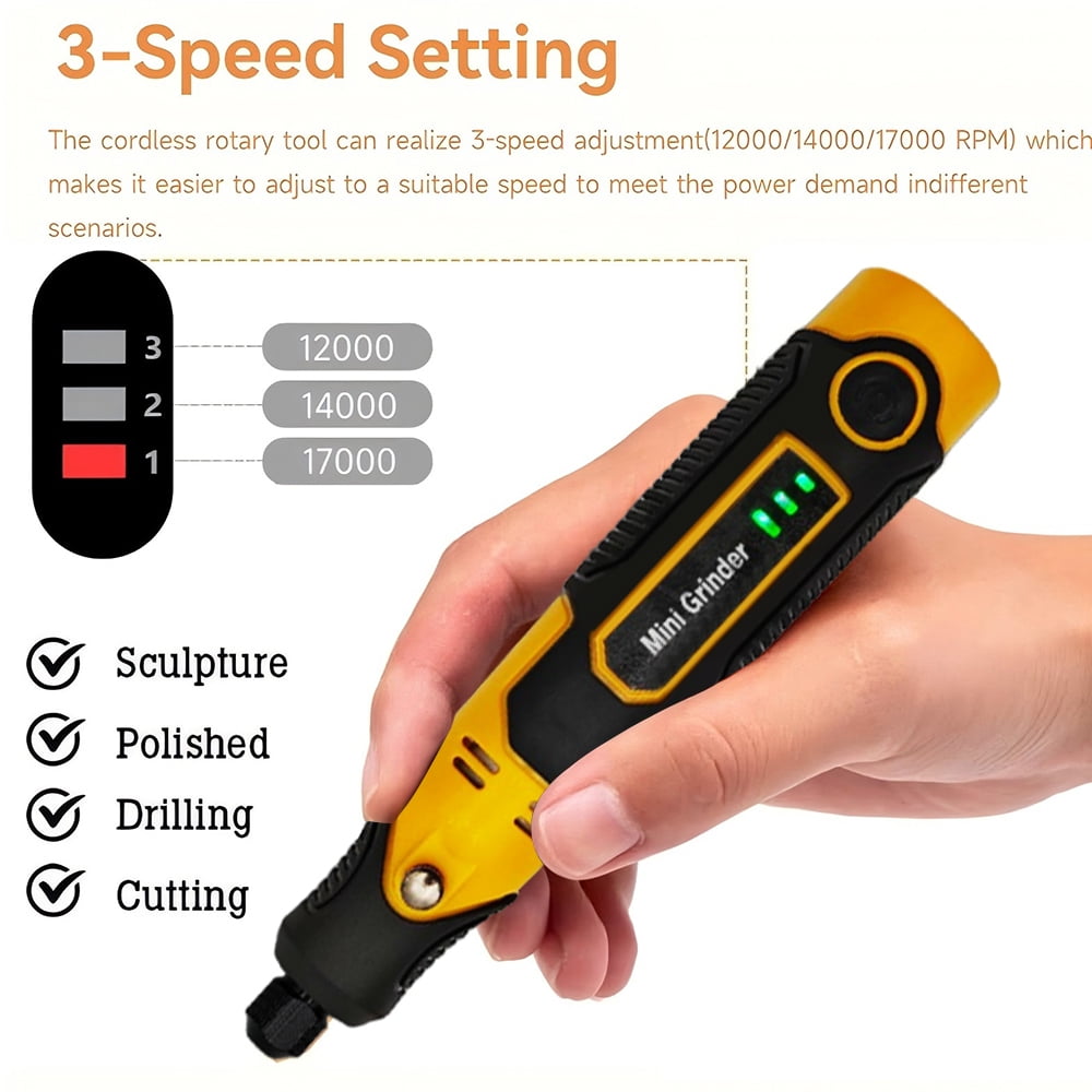 INTELIVE 57pcs Cordless Rotary Tool, Polishing Grinder Tool Kit, 3-Speed Electric Grinder Set, Multi-Purpose Rotary Tool for Sanding Polishing Drilling Etching Engraving Cutting Jewelry DIY