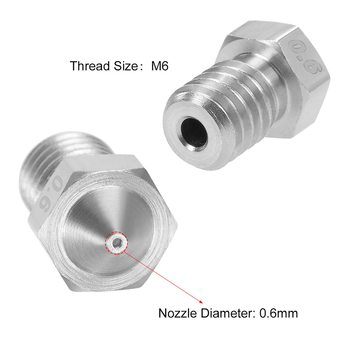 0.4mm 3D Printer Nozzle Head M6 Thread for V5 V6 1.75mm Extruder Print, Stainless Steel 2pcs