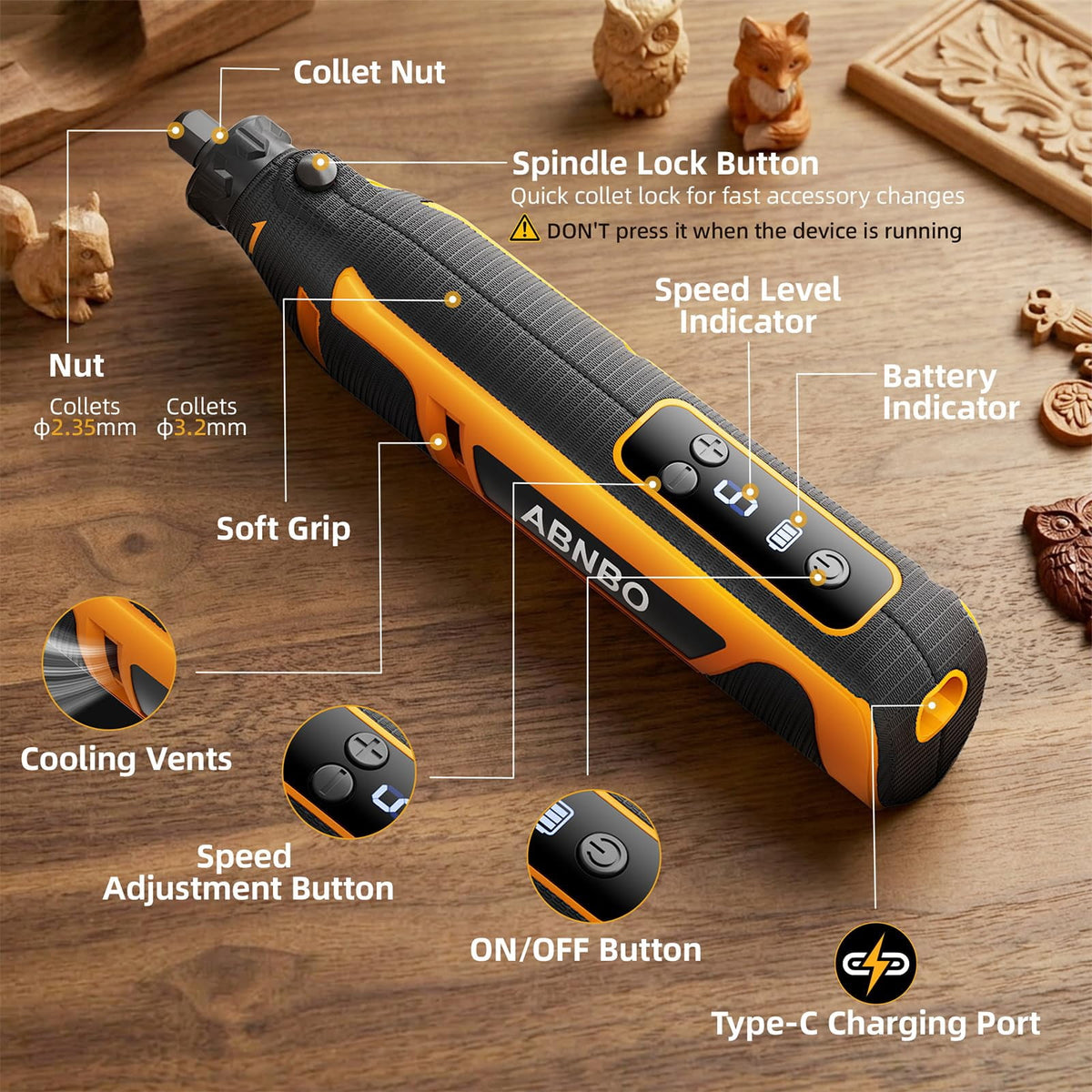 ABNBO Mini Cordless Rotary Tool,5-Speed 30000RPM,Power Rotary Tool Kit 4V Type-C Charging with Digital Display, 100 Accessories for Sanding,Polishing,Engraving,Carving, DIY Crafts (Yellow)