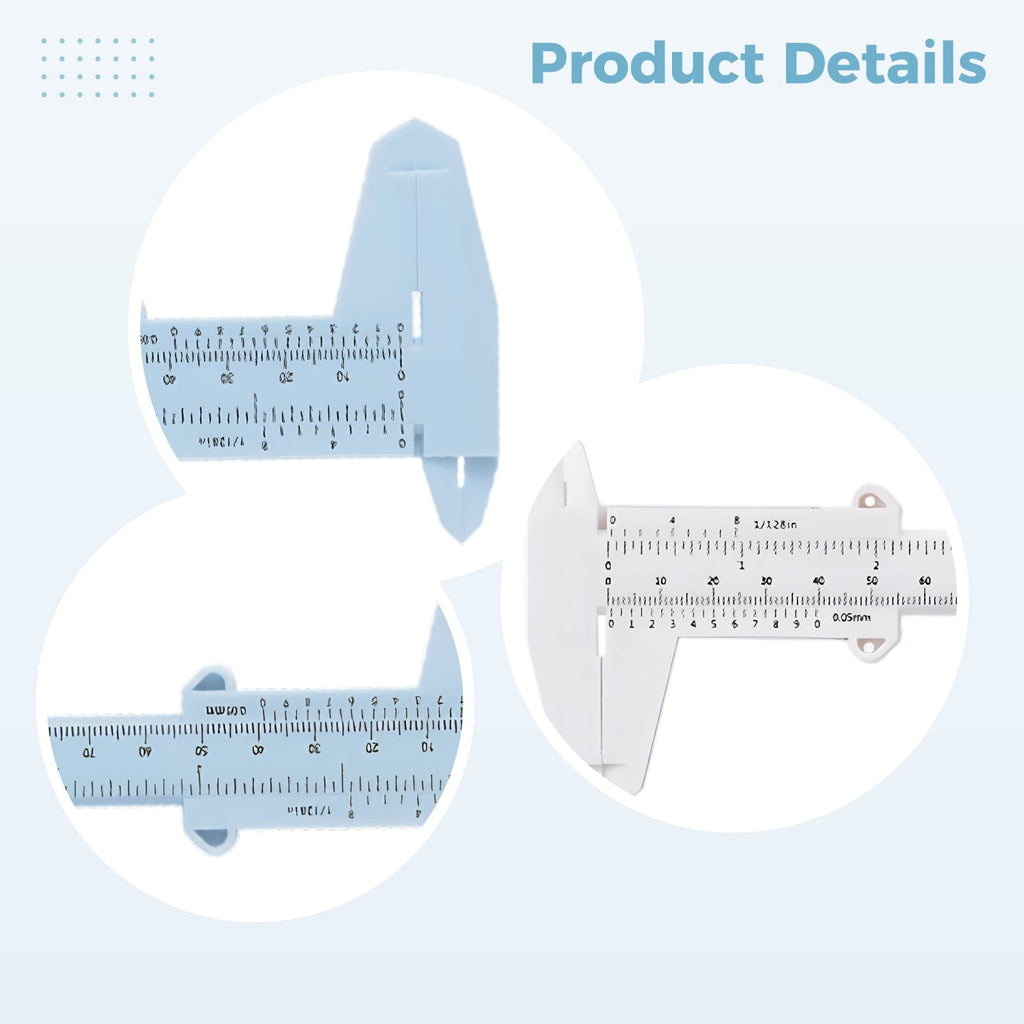 2 Pcs Plastic Sliding Calipers, 5.9 in / 150 mm Vernier Ruler, 0.05 mm Precision Mini Measuring Tool with Dual Scales, White Blue Eyebrow Tattoo Caliper for Permanent Makeup, Jewelry