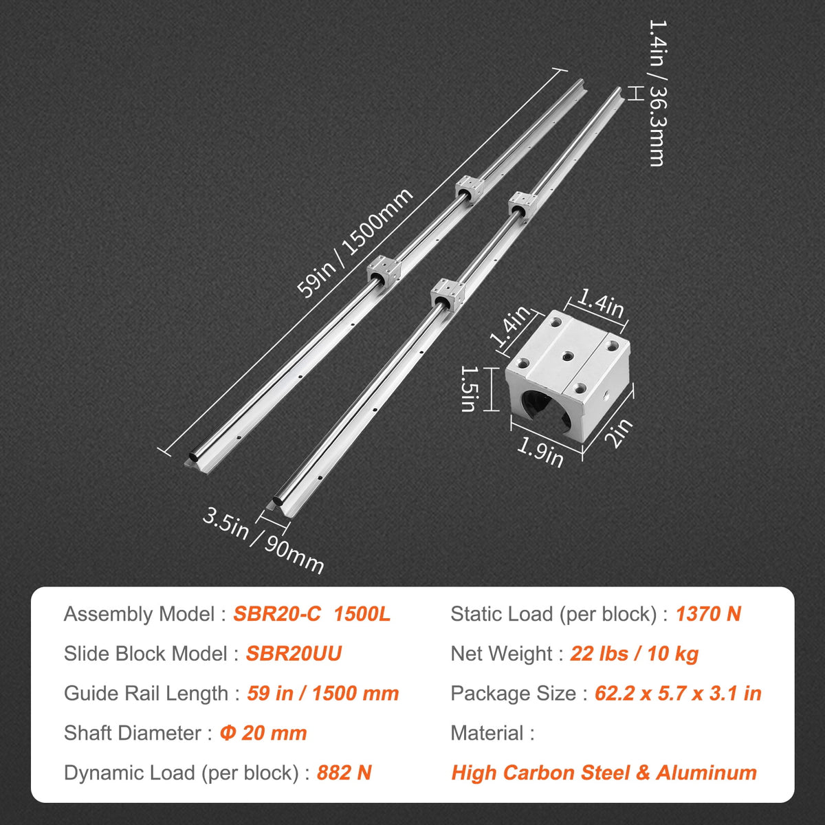 KFFKFF Linear Movement Kit, SBR20 1500mm, Includes Two SBR20 Rails of 59 in/1500 mm & Four SBR20UU Blocks, Perfect for Custom CNC and Automated Projects