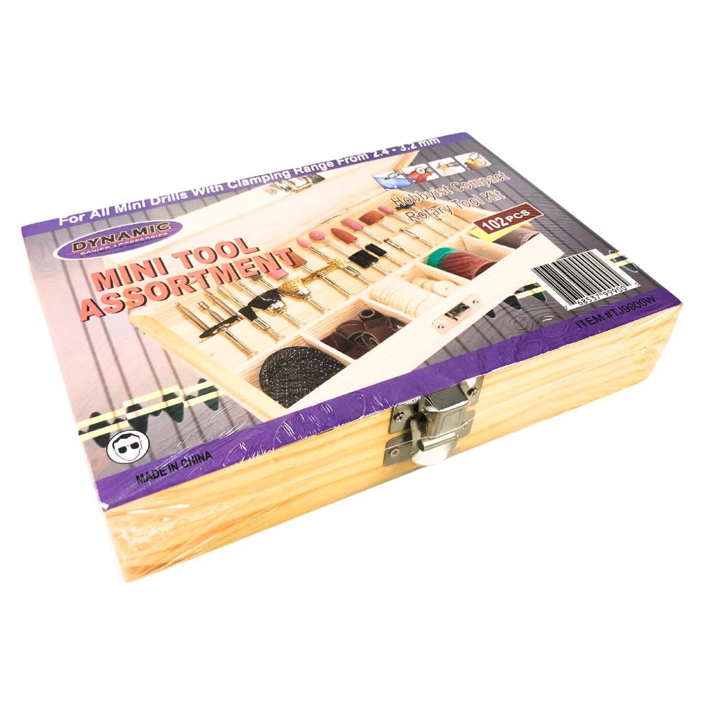 DYNAMIC 100 Pc Rotary Tool Accessory Kit 8.5" 21.6 cm x 5.5" 14 cm x 2" 5.1 cm Wooden Case Universal Compatibility Ideal for Cutting, Sanding, Buffing & More