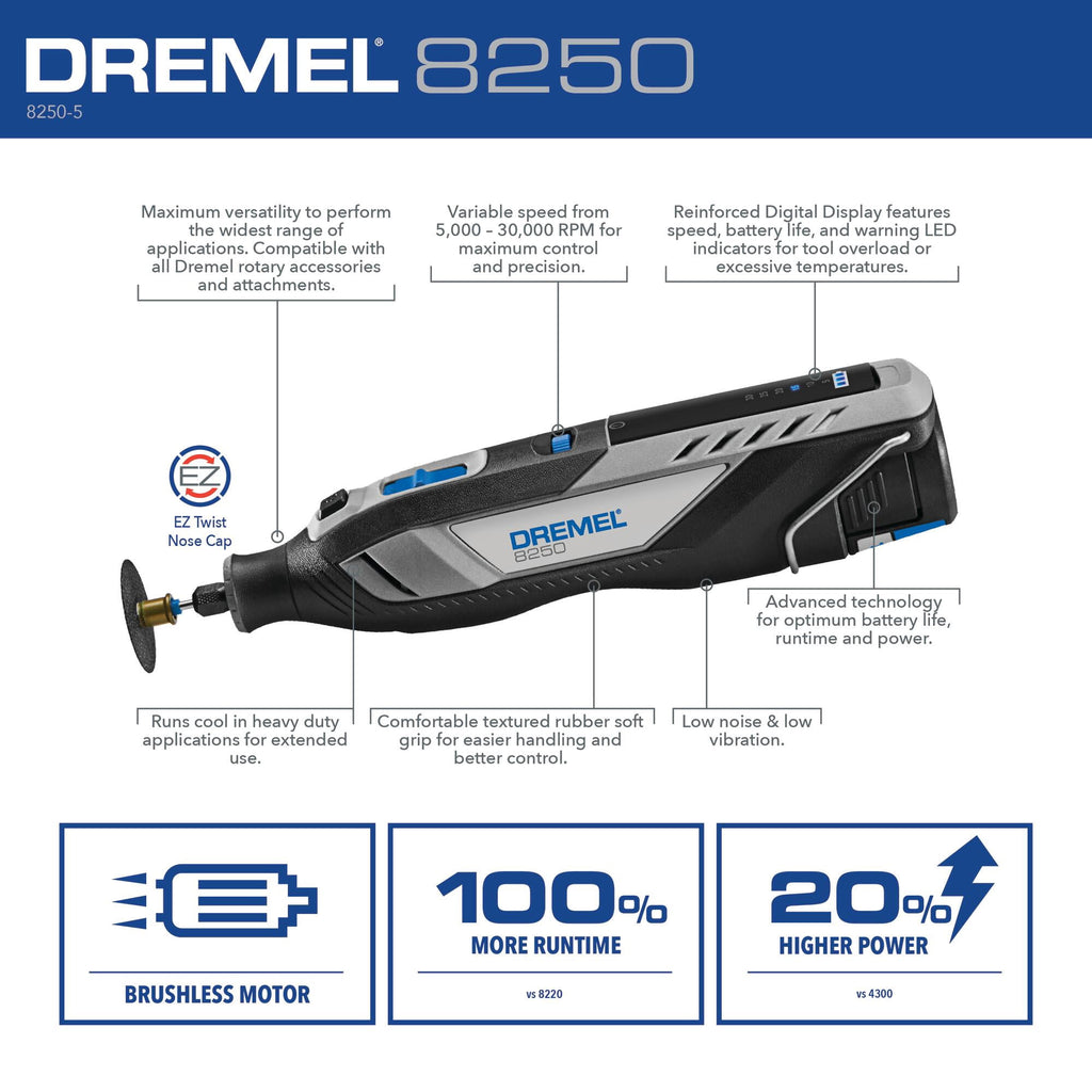 Dremel 8250-5 12V Cordless Rotary Tool with Brushless Motor and Lithium Ion Battery