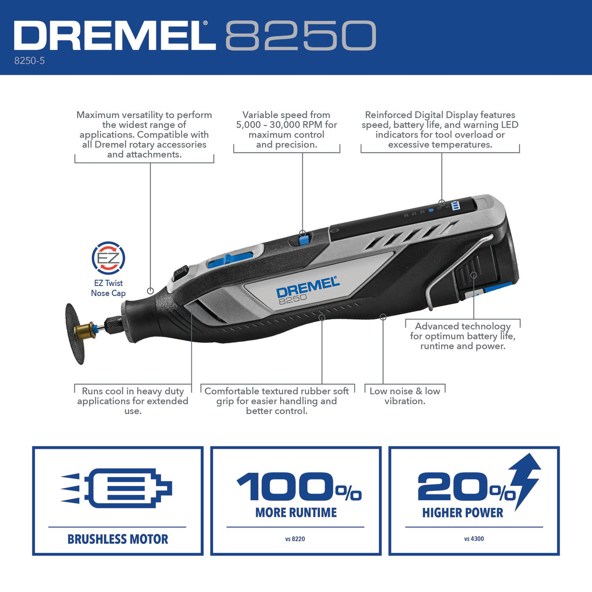 Dremel 8250-5 12V Cordless Rotary Tool with Brushless Motor and Lithium Ion Battery
