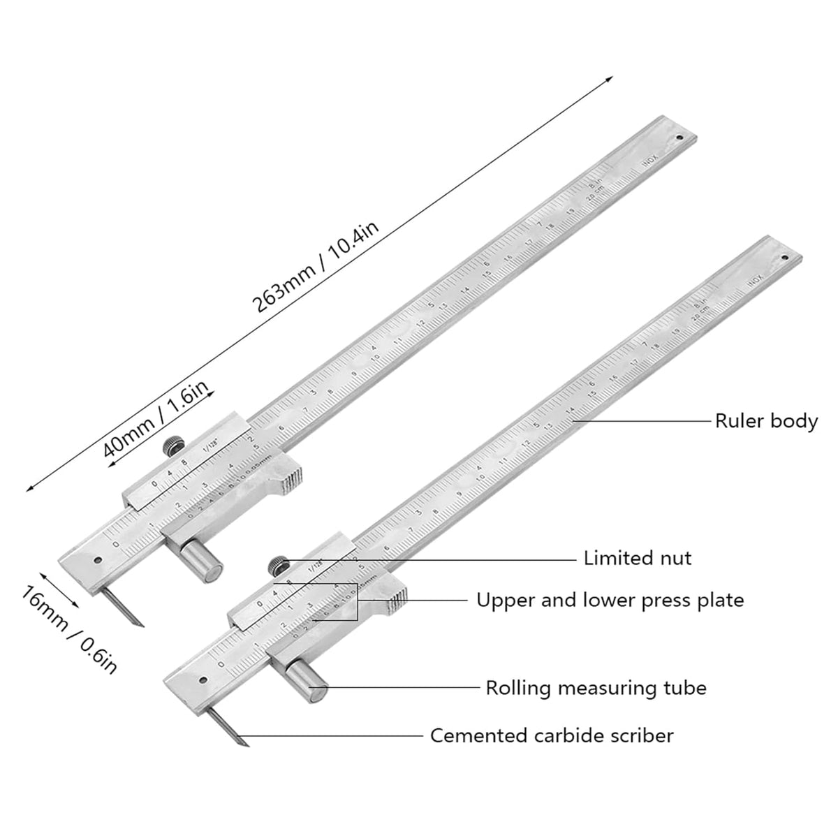 ABCISI Metal Scriber Calipers, 200mm 8in Marking Gauge Calipers, Carbide Scribe Caliper for Scribing Iron, Steel, Wood and Other Materials, Stainless Steel Vernier Calipers, Marking Tool